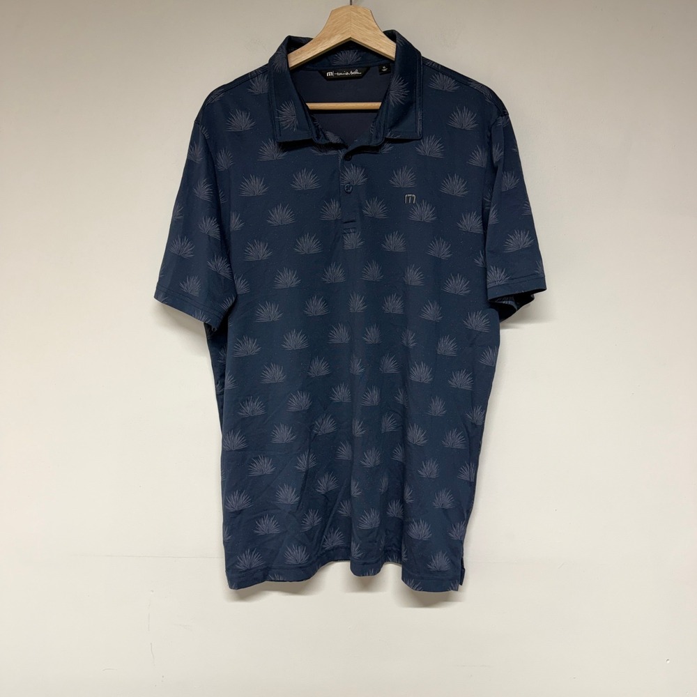 Travis Mathew Mens XL Golf Performance Polo Shirt Blue Agave Print Short Sleeve
